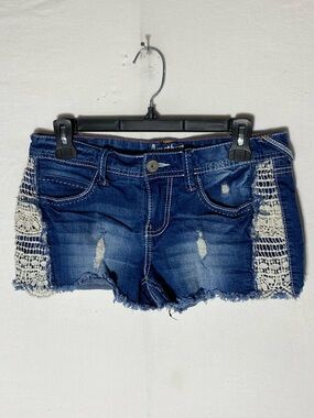 Vintage Y2K Amethyst Jeans Blue Denim Short Shorts W Crochet Sides 7 Festival